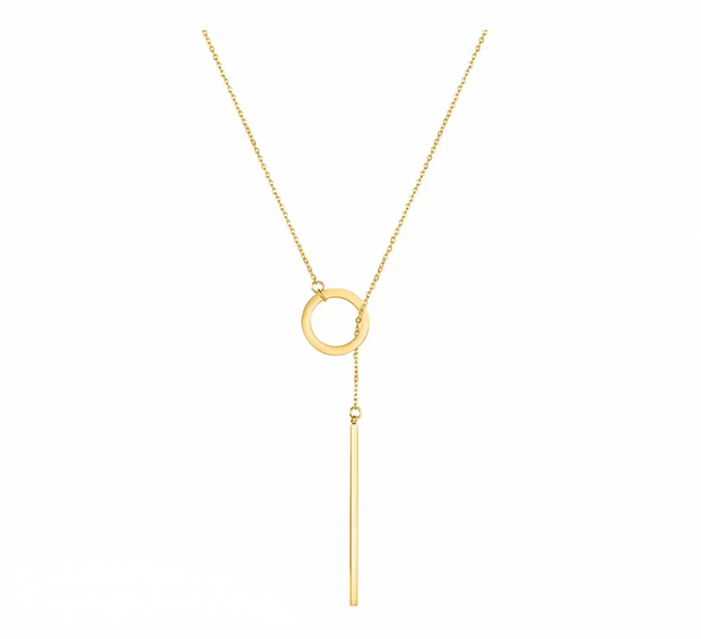 Calista Necklace in gold with a minimalist circular pendant and vertical bar drop, perfect for modern and elegant styling.