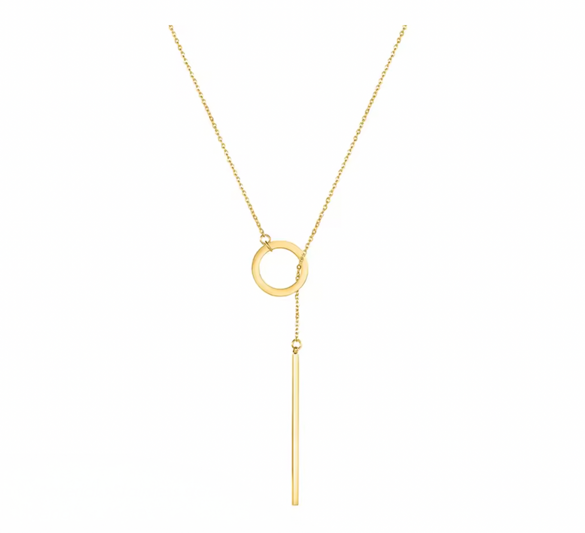 Calista Necklace in gold with a minimalist circular pendant and vertical bar drop, perfect for modern and elegant styling.